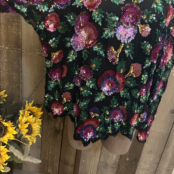 Vintage Laurence Kazar 2X Silk Sequin Floral Sheer Sleeve Blouse Top Black - Picture 2 of 11